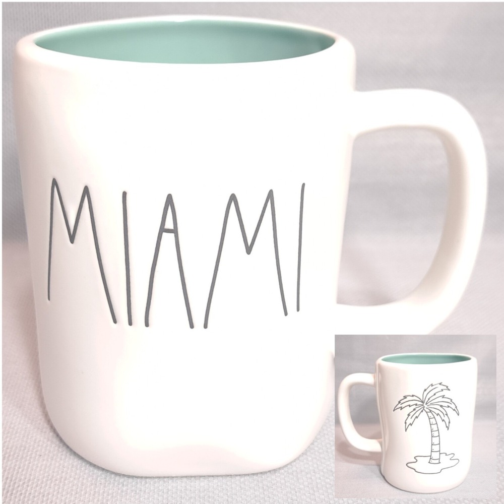 Rae Dunn 'Miami" White Ceramic Coffee Mug Green Interior Dishwasher Safe Cup